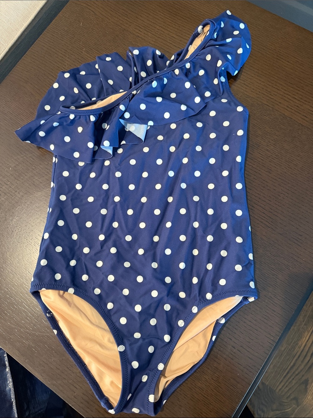 Crewcuts Navy Polka Dot One-Shoulder Swimsuit